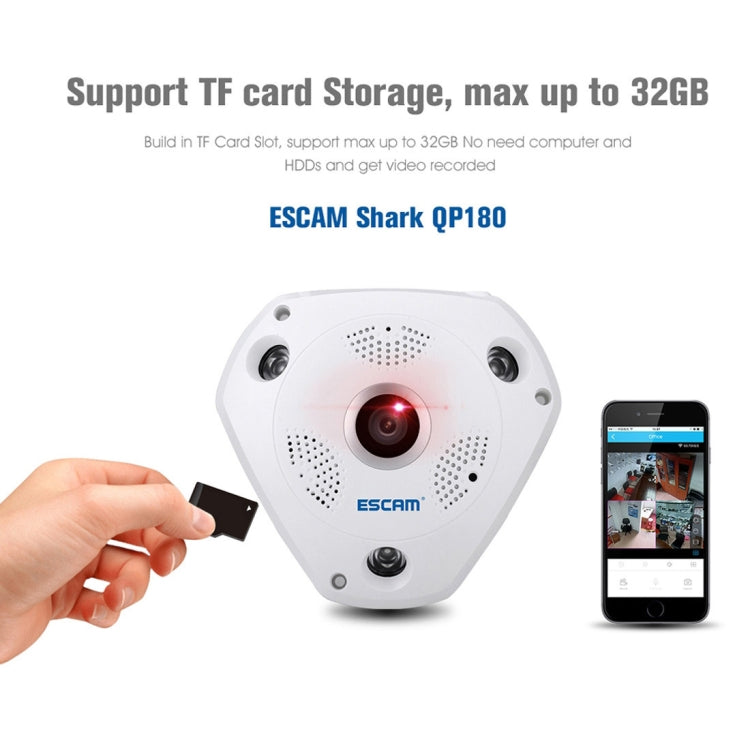 ESCAM Shark QP180 960P 360 Degrees Fisheye Lens 1.3MP WiFi IP Camera, Support Motion Detection / Night Vision, IR Distance: 10m, QP180 ESCAM Shark QP180 960P 360 Degrees Fisheye Lens 1.3MP WiFi IP Camera, Support Motion Detection / Night Vision, IR Distance: 10m, QP180